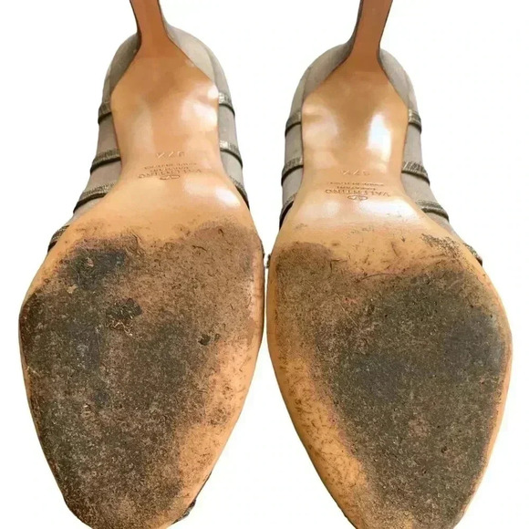 Valentino Garavani Size EU 37.5 Brown Satin Peep Toe Heels with Silver Trim - Picture 9 of 12